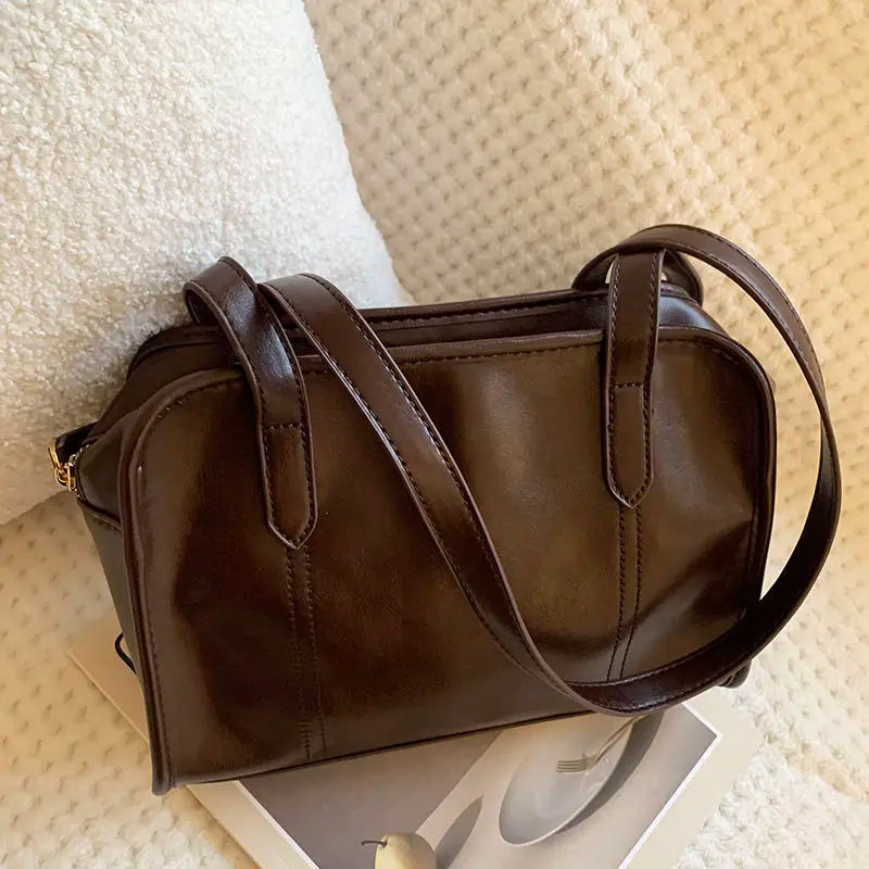 Brown PU Leather Shoulder Bag Vintage Zipper Large Capacity Underarm Handbag