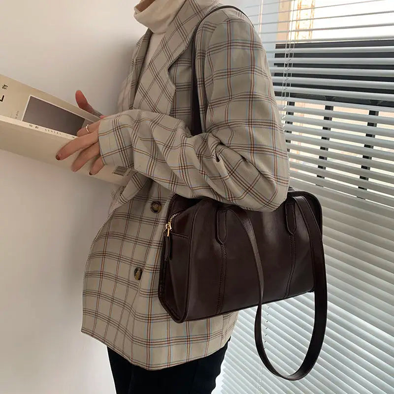 Brown PU Leather Shoulder Bag Vintage Zipper Large Capacity Underarm Handbag