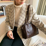 Brown PU Leather Shoulder Bag Vintage Zipper Large Capacity Underarm Handbag