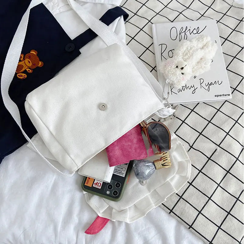 Canvas Japanese Preppy Style Shoulder Bag with Bow