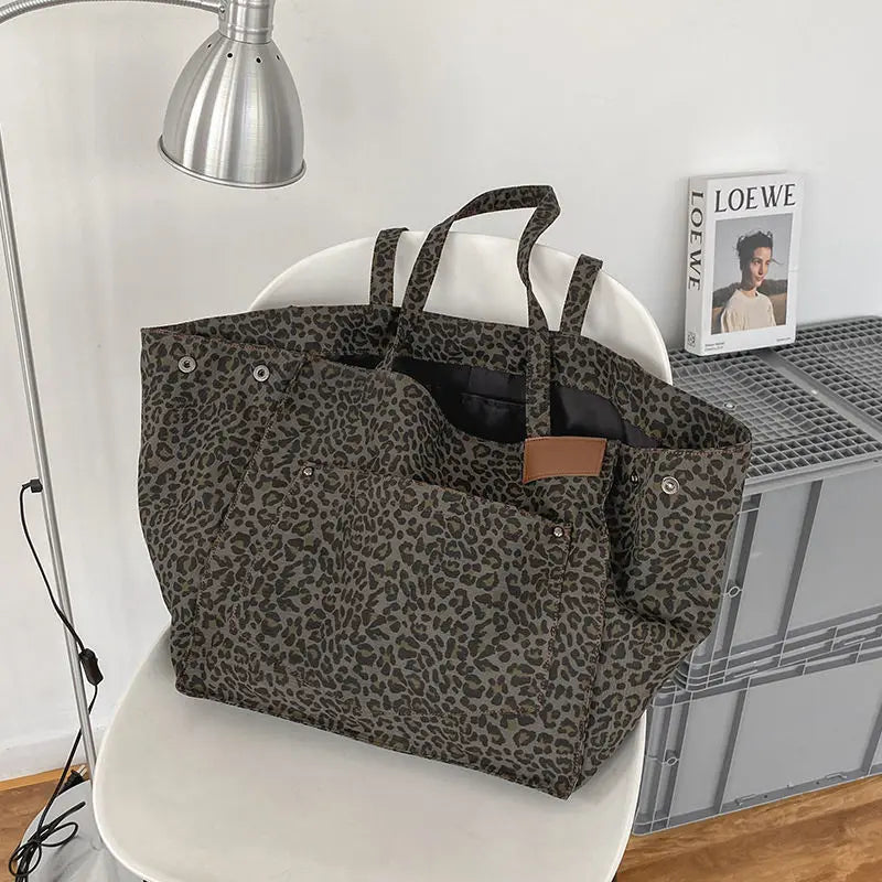 Vintage Leopard Shoulder Bag Canvas Tote Large Capacity Handbag