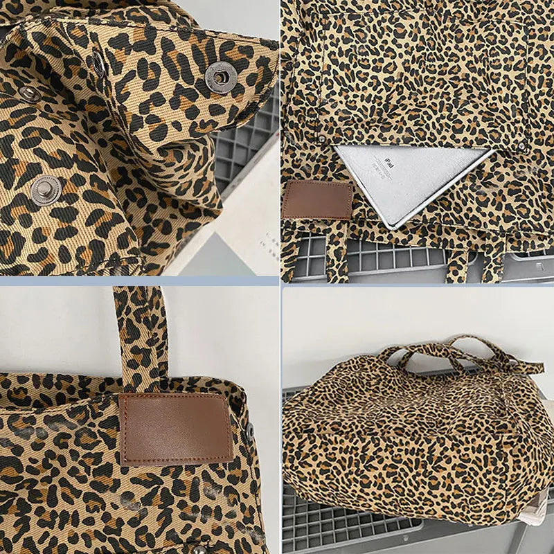 Vintage Leopard Shoulder Bag Canvas Tote Large Capacity Handbag