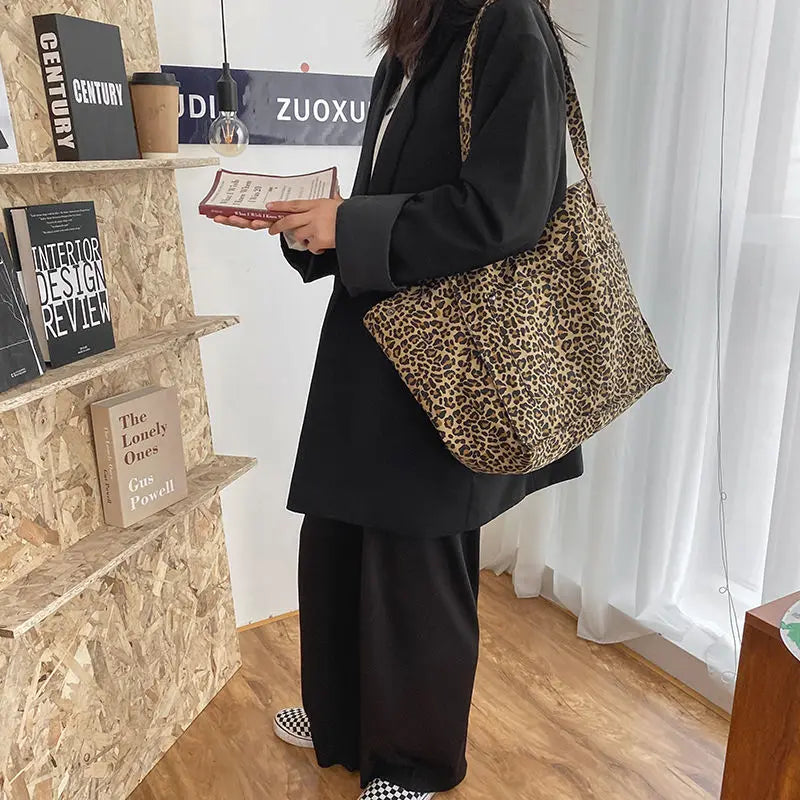 Vintage Leopard Shoulder Bag Canvas Tote Large Capacity Handbag