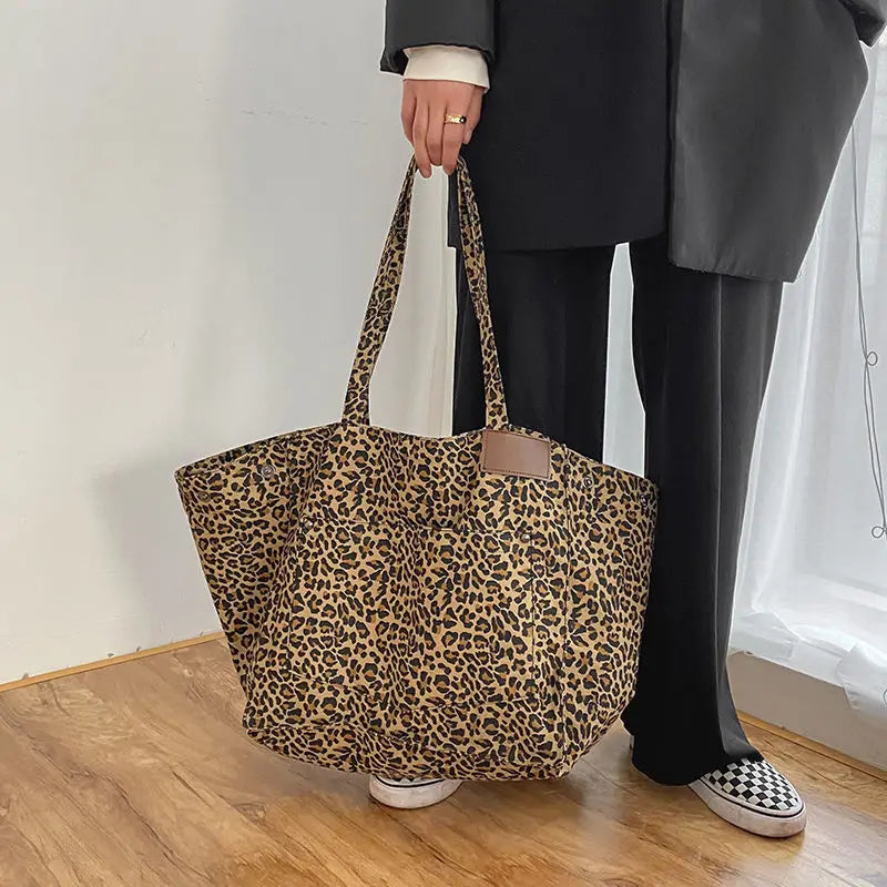 Vintage Leopard Shoulder Bag Canvas Tote Large Capacity Handbag