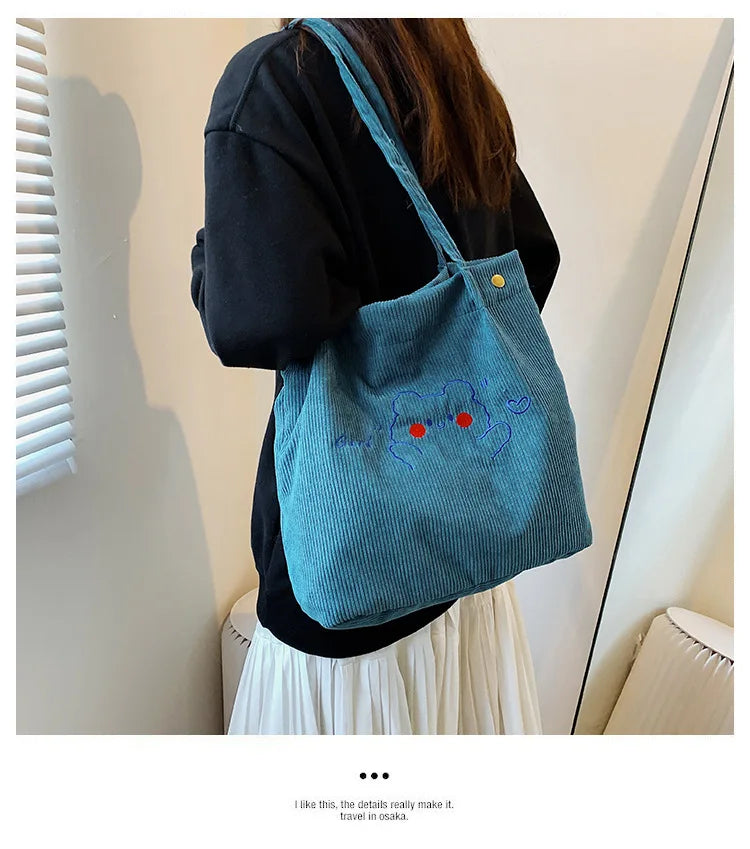 Bear Embroidered Velvet Handbags Large Capacity Tote Bags
