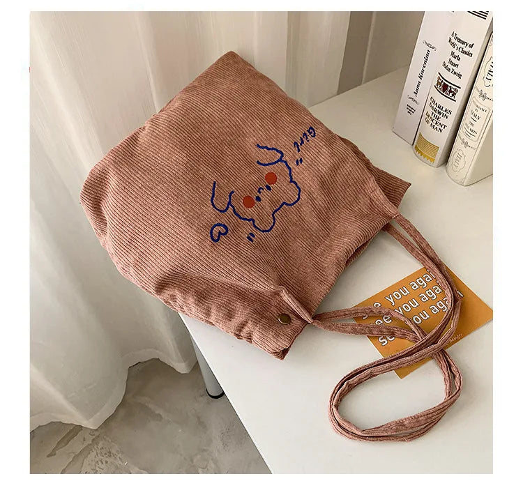 Bear Embroidered Velvet Handbags Large Capacity Tote Bags