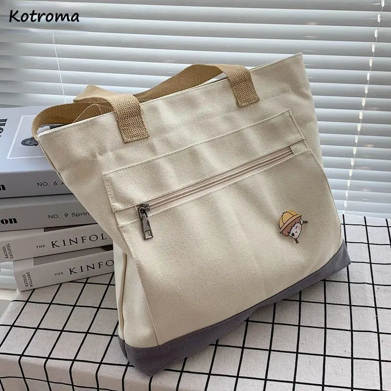 Harajuku Retro Canvas Shoulder Bag Large Capacity Zipper Totes Shopper Travel