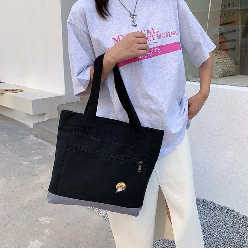 Harajuku Retro Canvas Shoulder Bag Large Capacity Zipper Totes Shopper Travel