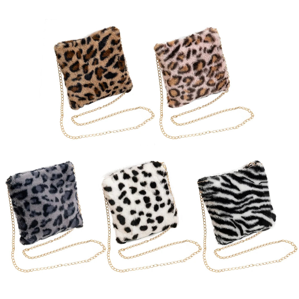 Leopard Pattern Shoulder Bag Plush Travel Handbag