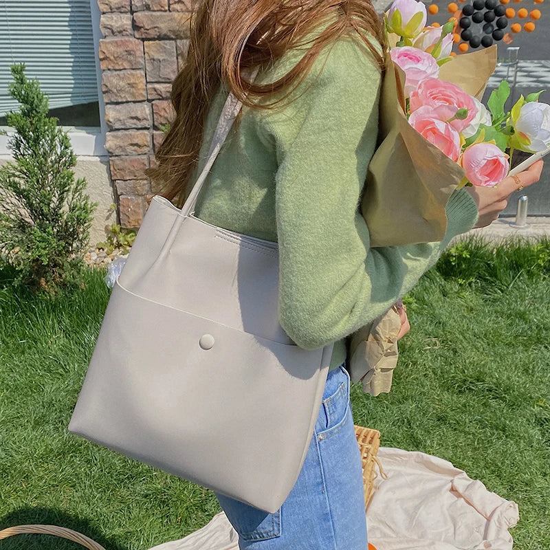 Solid PU Leather Shoulder Bag Large Capacity Casual Totes Harajuku Style Ins