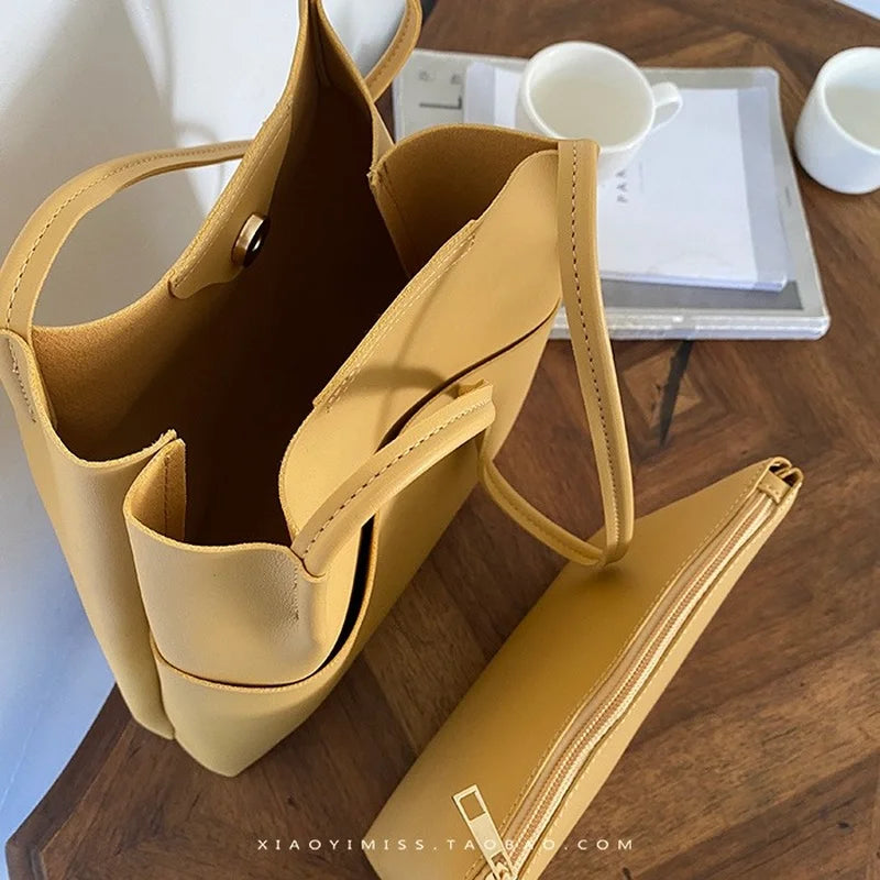 Solid PU Leather Shoulder Bag Large Capacity Casual Totes Harajuku Style Ins