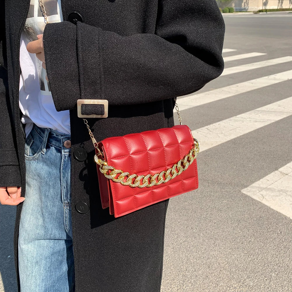 Stylish Checker PU Leather Shoulder Bag Retro Chain Crossbody