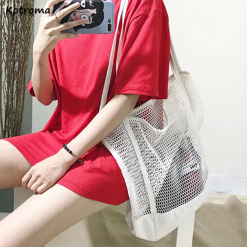 Hollow-out Weave Casual Tote Bag Large Capacity Shopping Bag Streetwear