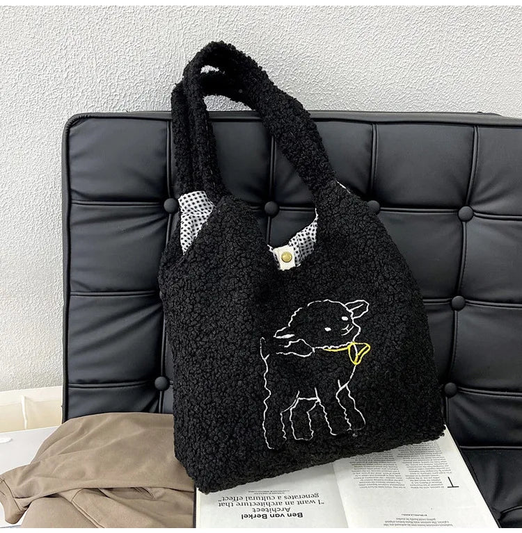 Women Plush Tote Bag Warm Cotton Shopper Bags Embroidery Sheep Handbag