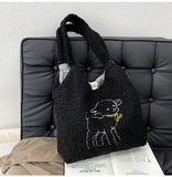 Women Plush Tote Bag Warm Cotton Shopper Bags Embroidery Sheep Handbag