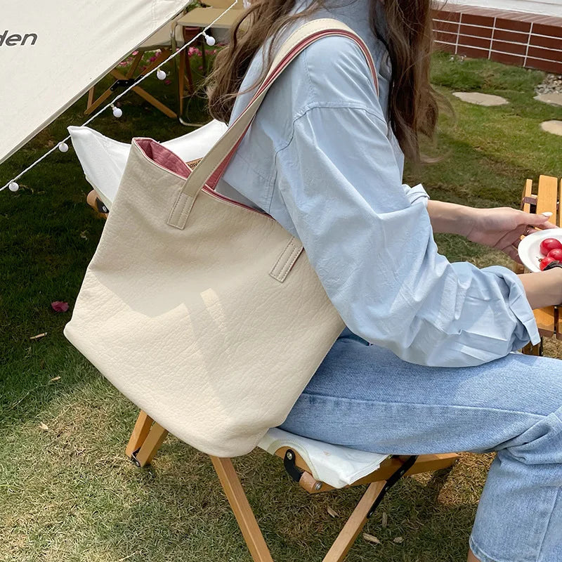 Women Soft Shoulder Bags Double Side PU Leather Underarm Cross Body Totes