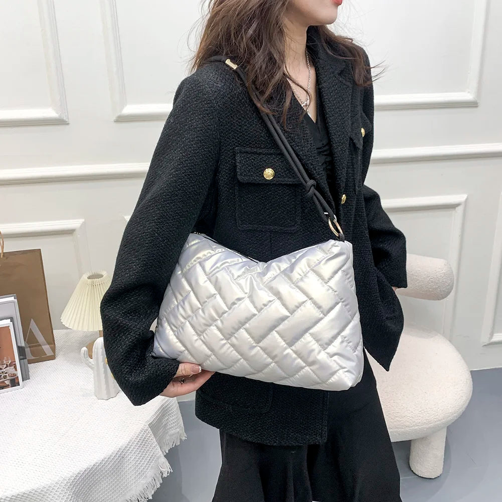 Women Space Padded Nylon Quilted Shoulder Bag Solid Zipper Top-handle Bags