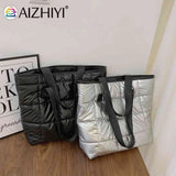 Women Space Padded Nylon Top-handle Bag Solid Zipper Handbag