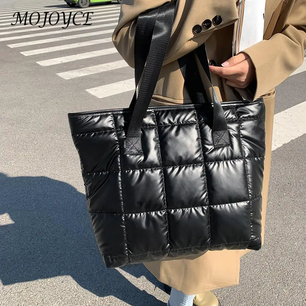 Women Space Padded Nylon Top-handle Bag Solid Zipper Shoulder Bag