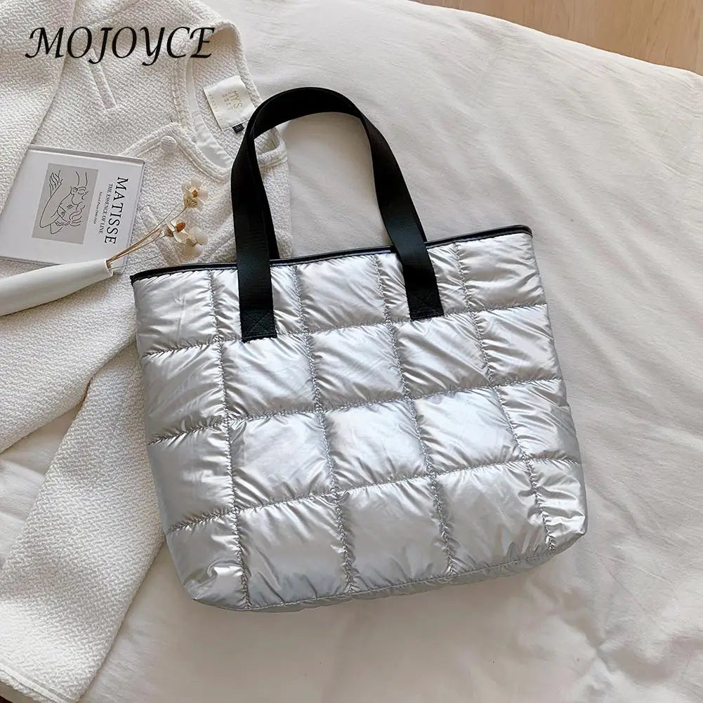 Women Space Padded Nylon Top-handle Bag Solid Zipper Shoulder Bag