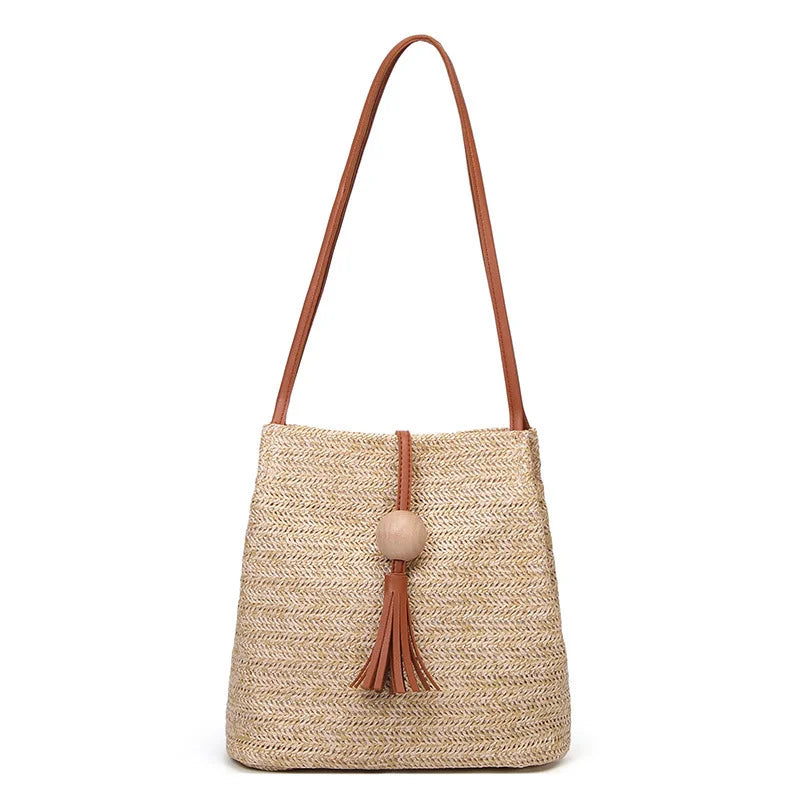 Women Straw Bag Bohemian Rattan Beach Handbag Kintted Crossbody Bucket Bags