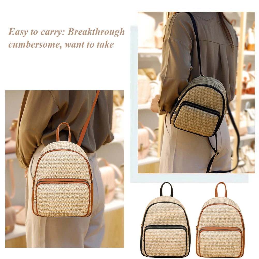 Women Straw Beach Backpack Summer Boho Woven Leather Purse Bags