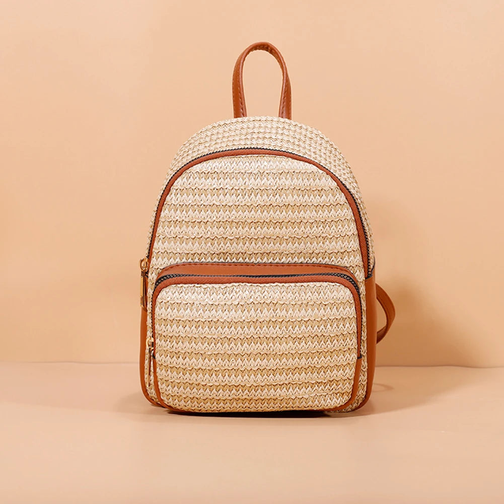 Women Straw Beach Backpack Summer Boho Woven Leather Purse Bags