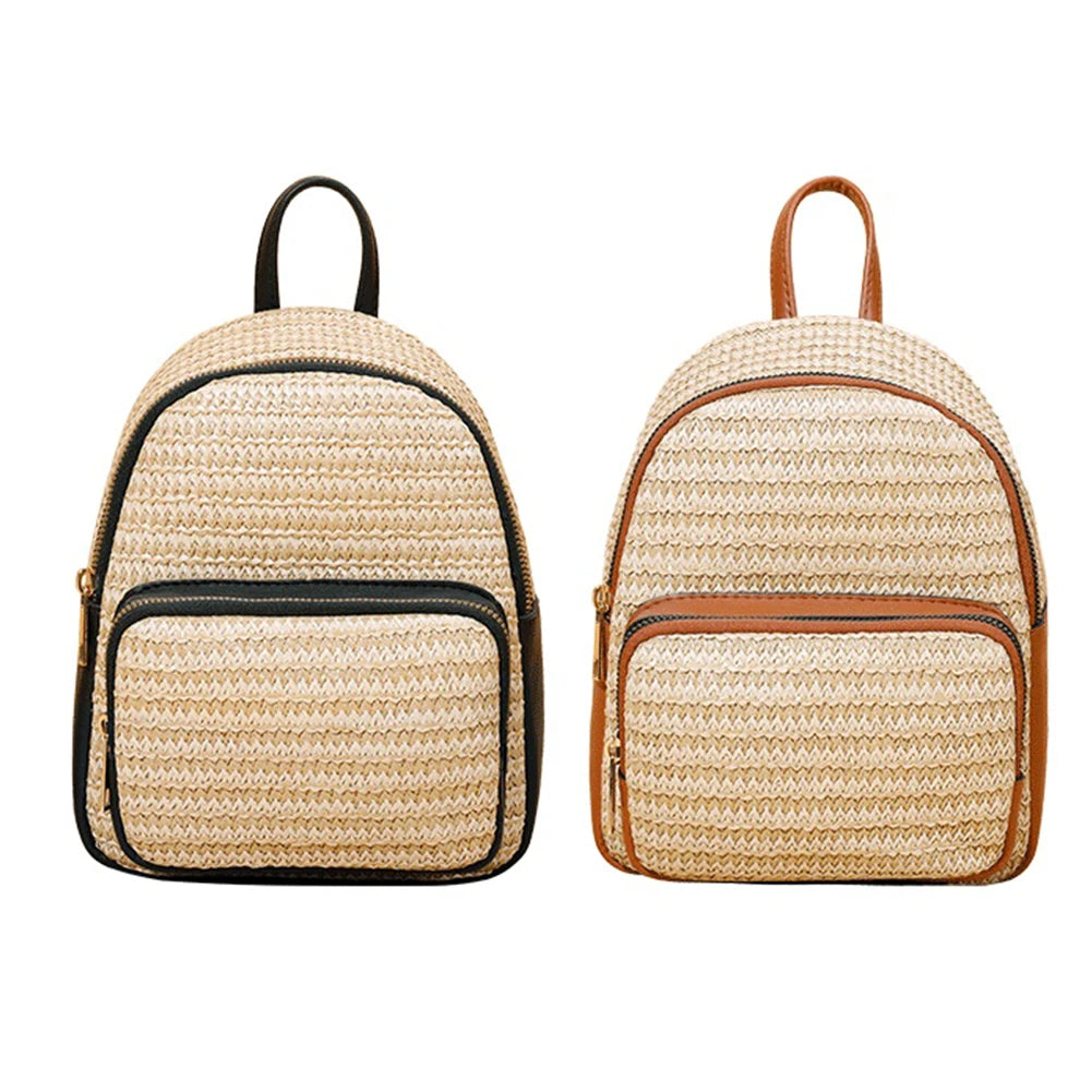 Women Straw Beach Backpack Summer Boho Woven Leather Purse Bags