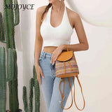 Boho Straw Shoulder Backpack - Embroidered Woven Schoolbag for Women