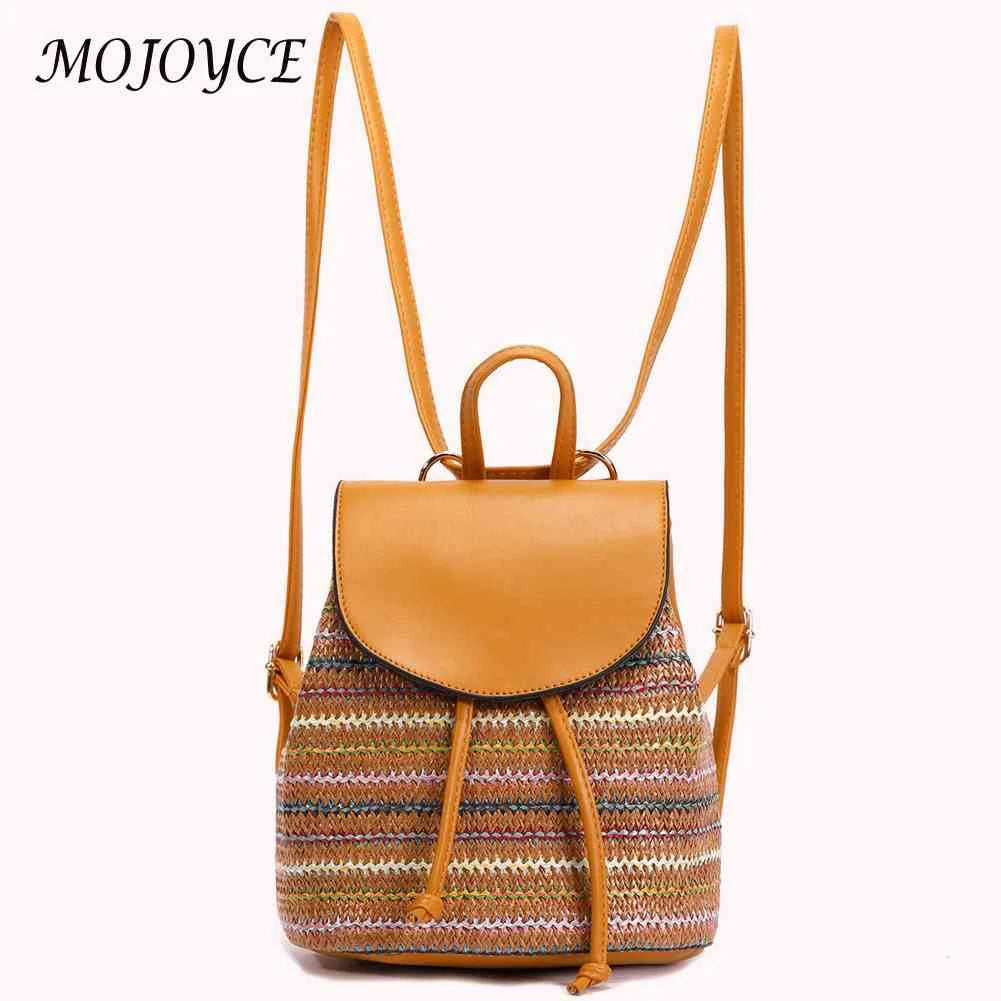 Boho Straw Shoulder Backpack - Embroidered Woven Schoolbag for Women