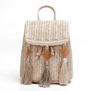 Boho Straw Shoulder Backpack with Tassel - Beach Bucket Bag