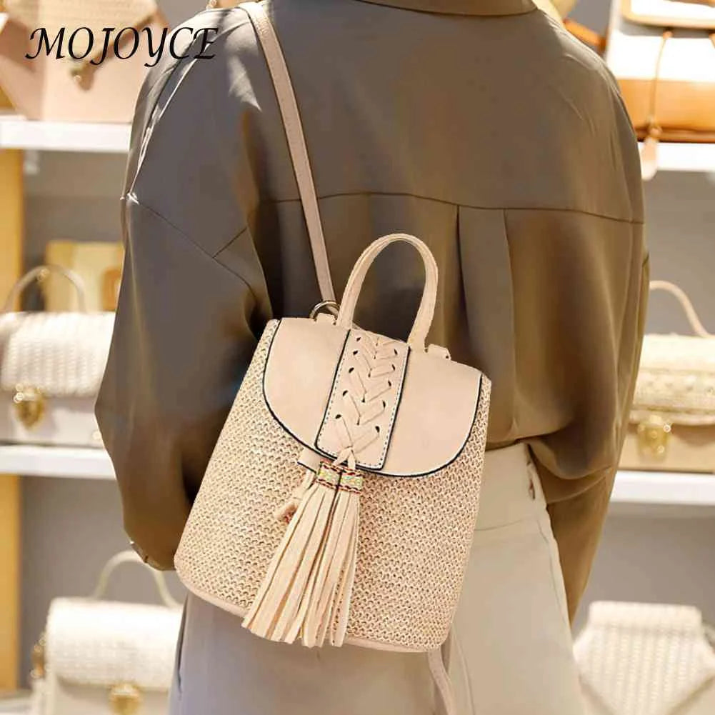 Women Straw Backpacks Leather Tassel Daypack