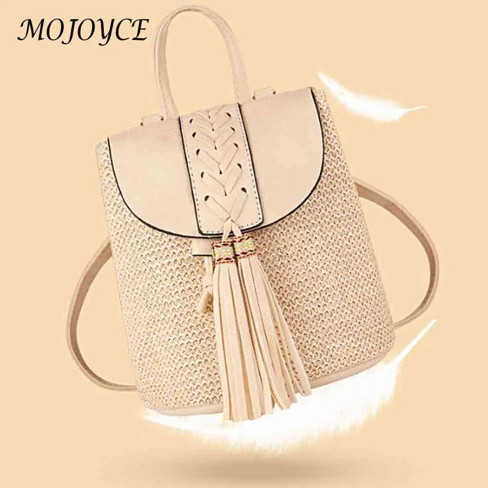 Women Straw Backpacks Leather Tassel Daypack