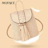 Women Straw Backpacks Leather Tassel Daypack