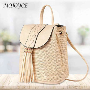 Women Straw Backpacks Leather Tassel Daypack