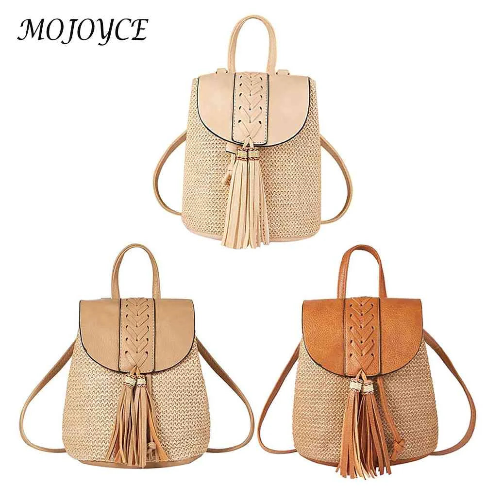 Women Straw Backpacks Leather Tassel Daypack