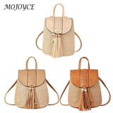 Women Straw Backpacks Leather Tassel Daypack