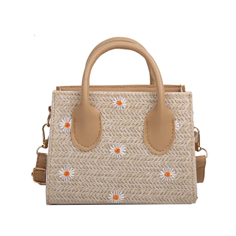 Women Straw Woven Daisy Shoulder Crossbody Bag Small Fresh Flower Zipper Beach H