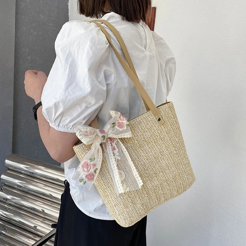 Women Straw Bag Hand-Woven Lace Bow Rattan Bag Large Capacity Tote Beach Travel