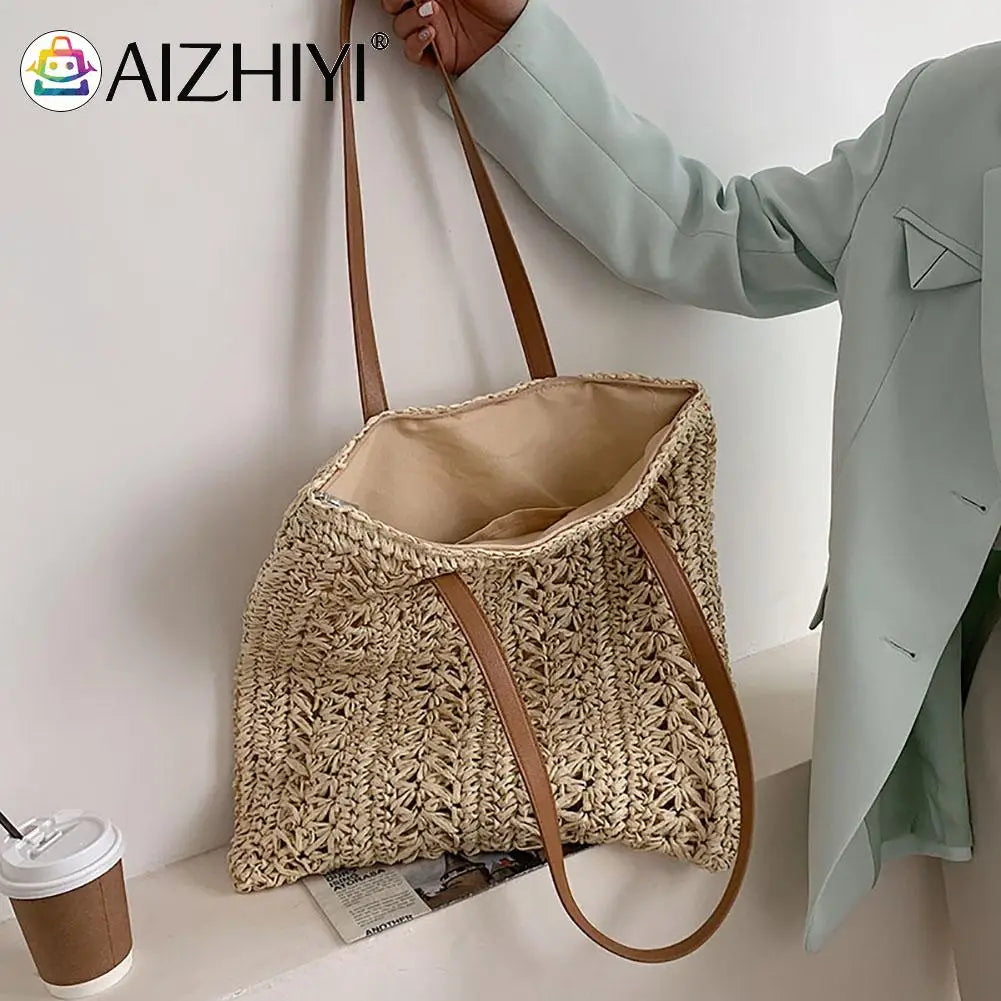 Women Straw Hand-woven Top-handle Bag Large Capacity Bohemian Shoulder Bag