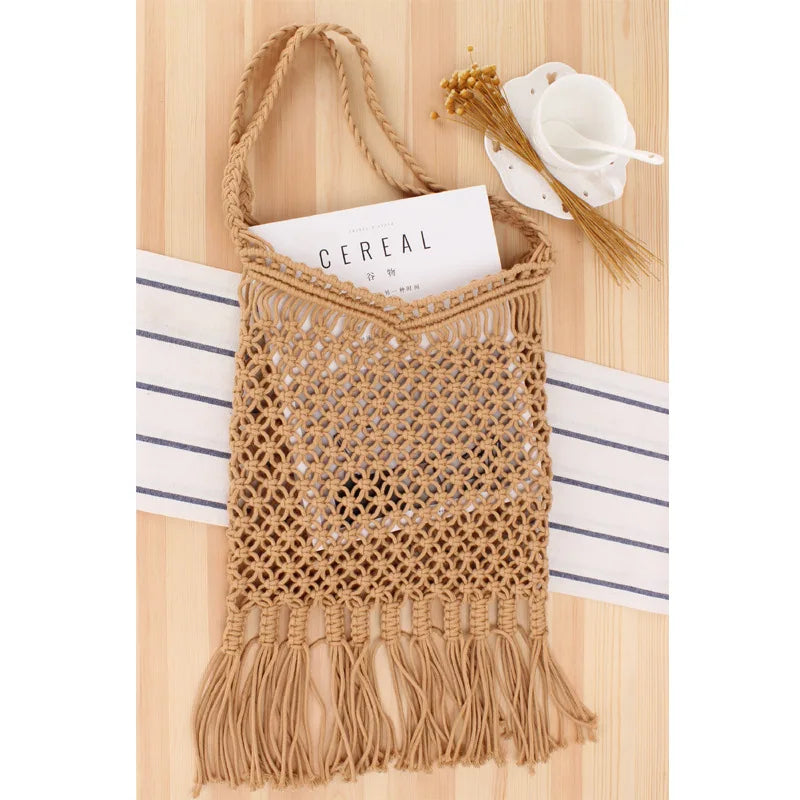 Women Tassel Shoulder Bag Vintage Hand Woven Cotton Rope Hobo Style