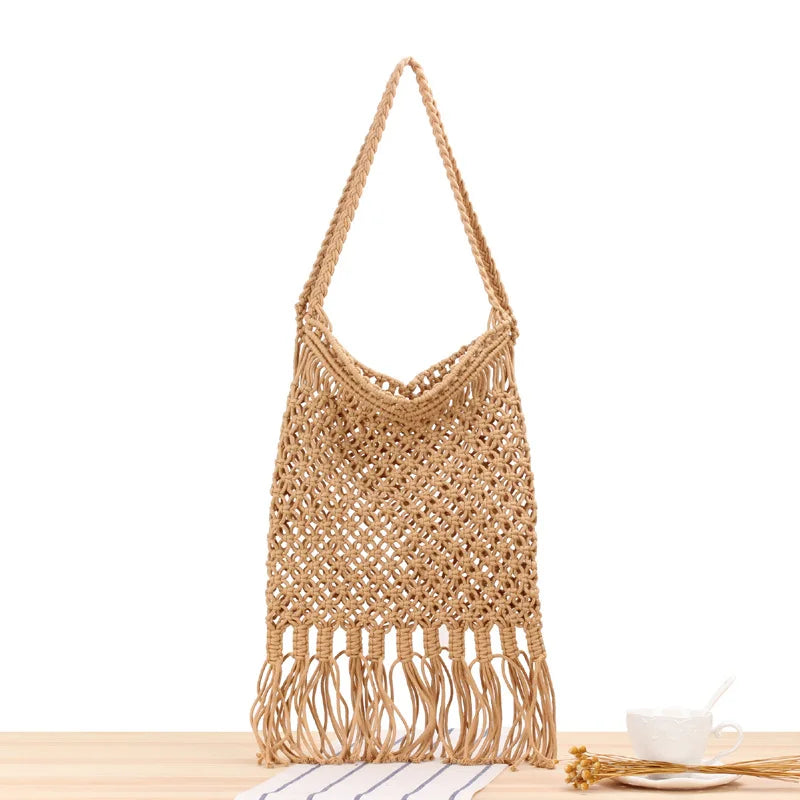Women Tassel Shoulder Bag Vintage Hand Woven Cotton Rope Hobo Style
