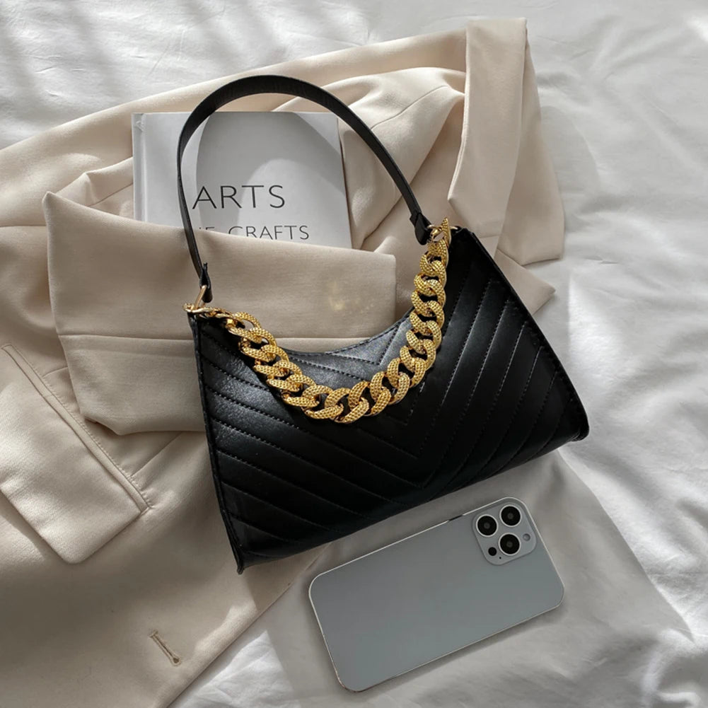 Thick Chain Shoulder Bag PU Leather Evening Bags Casual Handbags