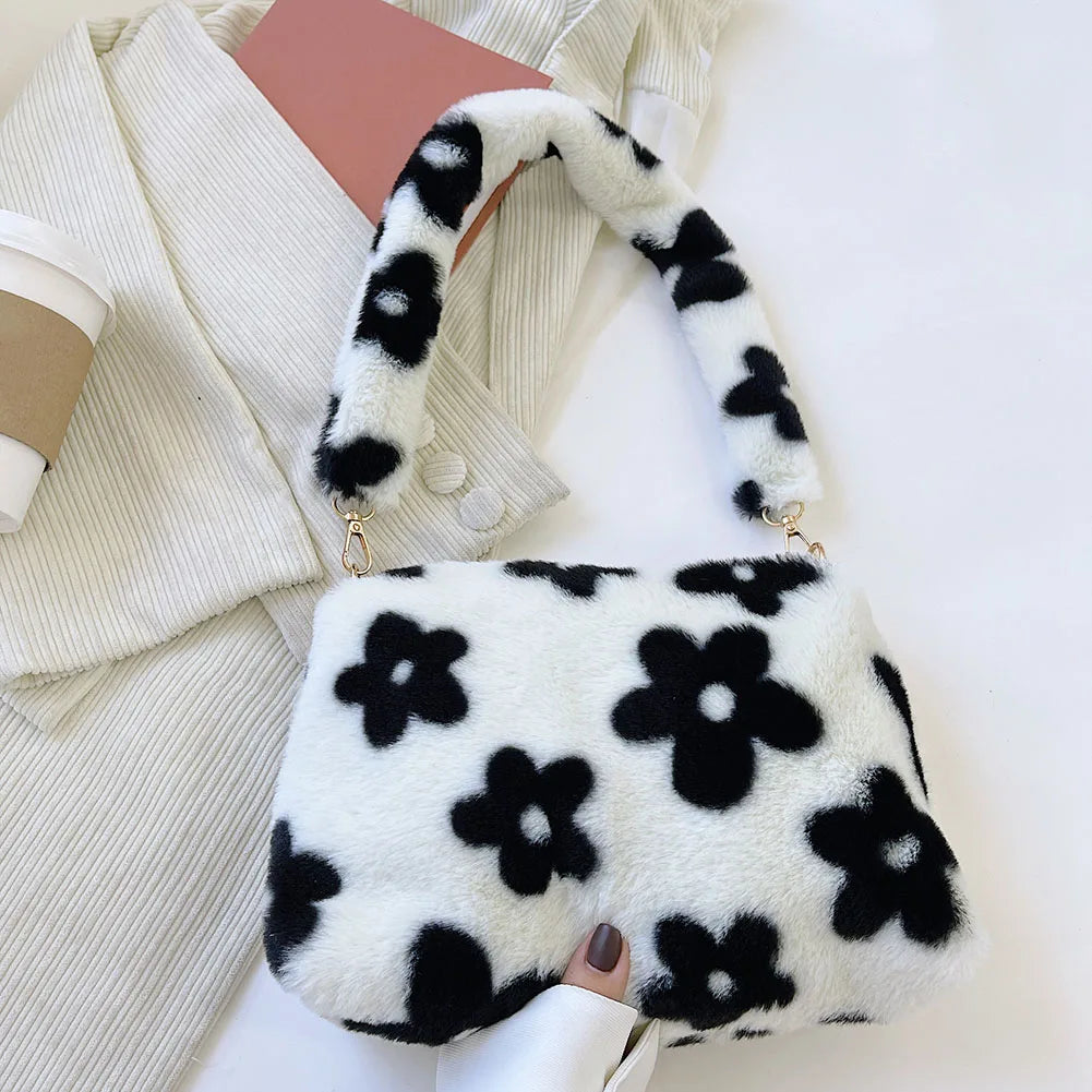 Plush Flower Print Top-Handle Crossbody Bag for Women