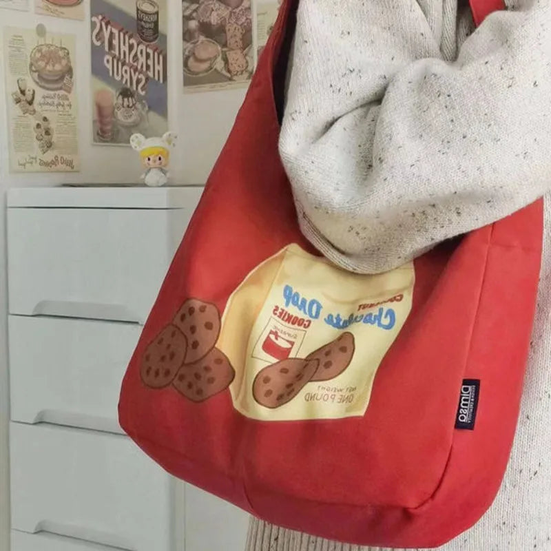 Odd Biscuits Graphic Print Canvas Tote Bag Red Handbag
