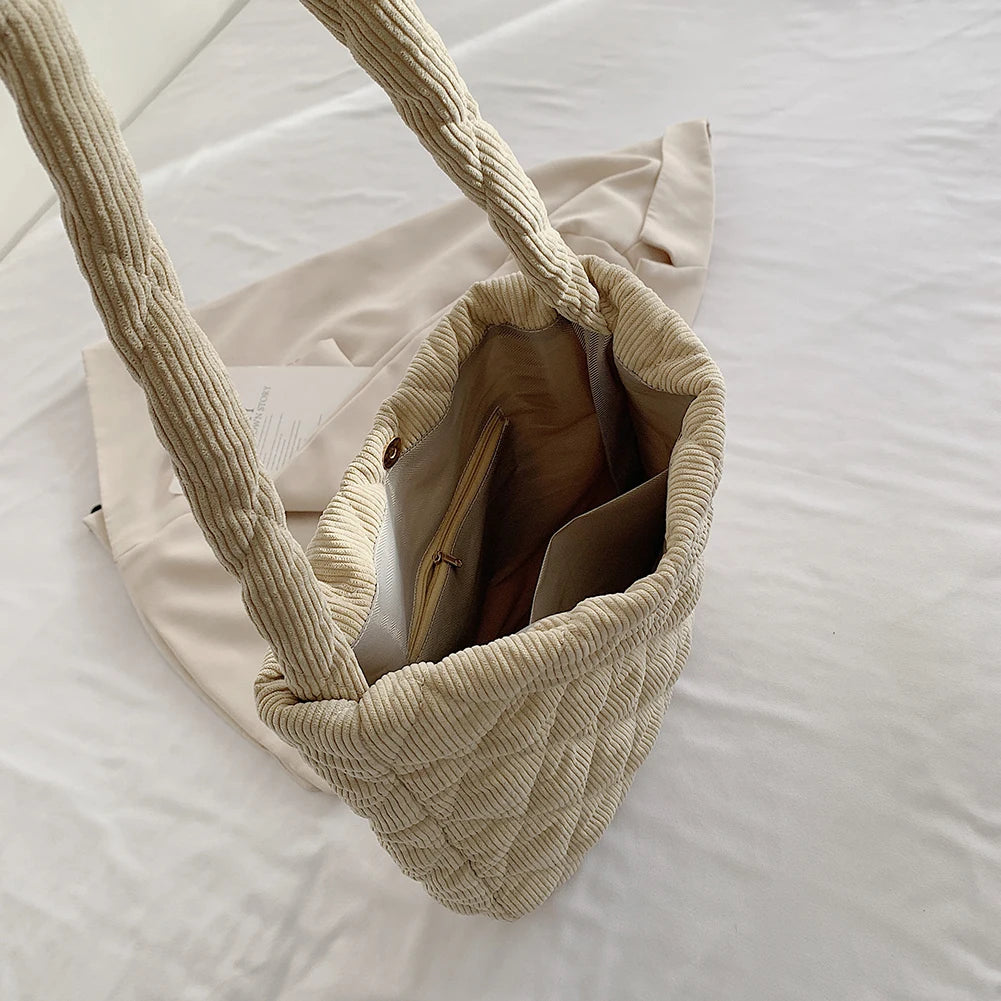 Corduroy Grocery Bag Soft Big Capacity Casual Handbags