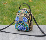 Vintage Mini Backpack Embroidered Flower Zipper Travel Shoulder Bag