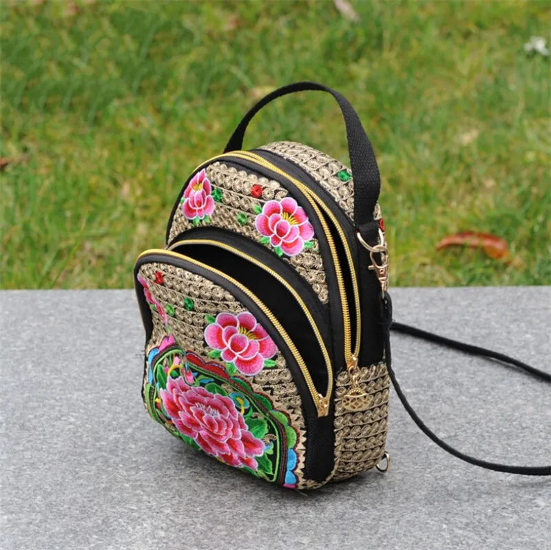 Vintage Mini Backpack Embroidered Flower Zipper Travel Shoulder Bag