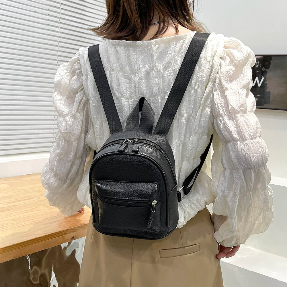 Vintage PU Leather Small Backpack Mini School Bags Female Solid Shoulder Bags
