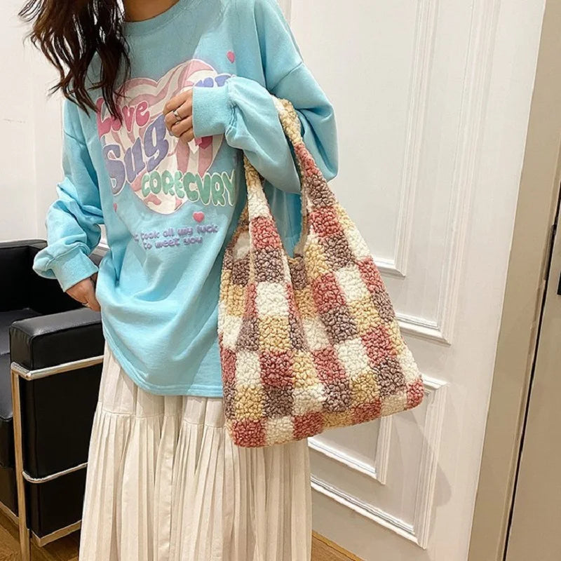 Winter Checkered Plush Shoulder Bag Lamb Wool Fleece Tote Purse